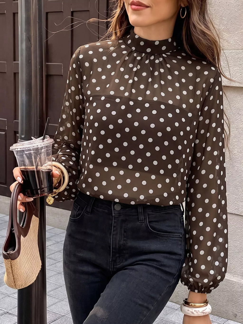 Polka Dot Mock Neck Long Sleeve Blouse