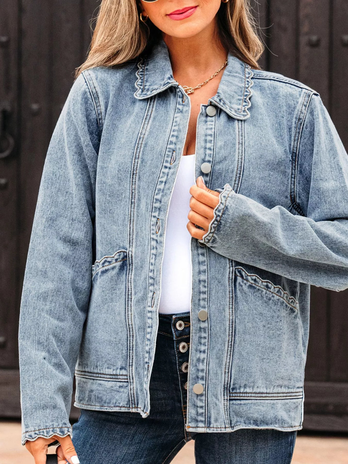Scallop Trim Collar Patched Pocket Button Up Denim Jacket