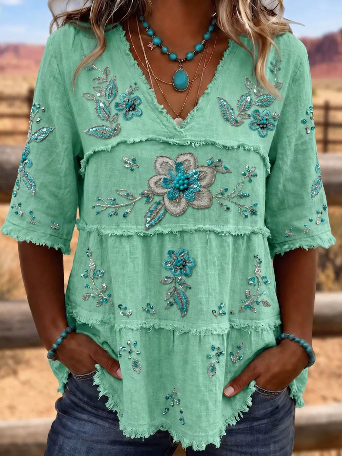 Full Size Floral Raw Hem V-Neck Blouse Plus Size