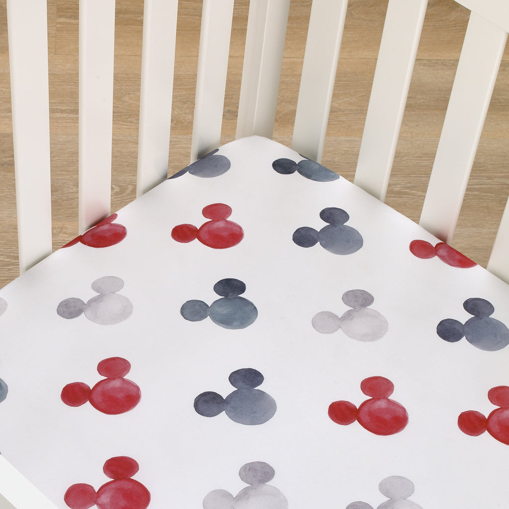 Mickey Mouse - Black, White, Gray and Red Watercolor Mickey Ears Nursery Fitted Crib Sheet