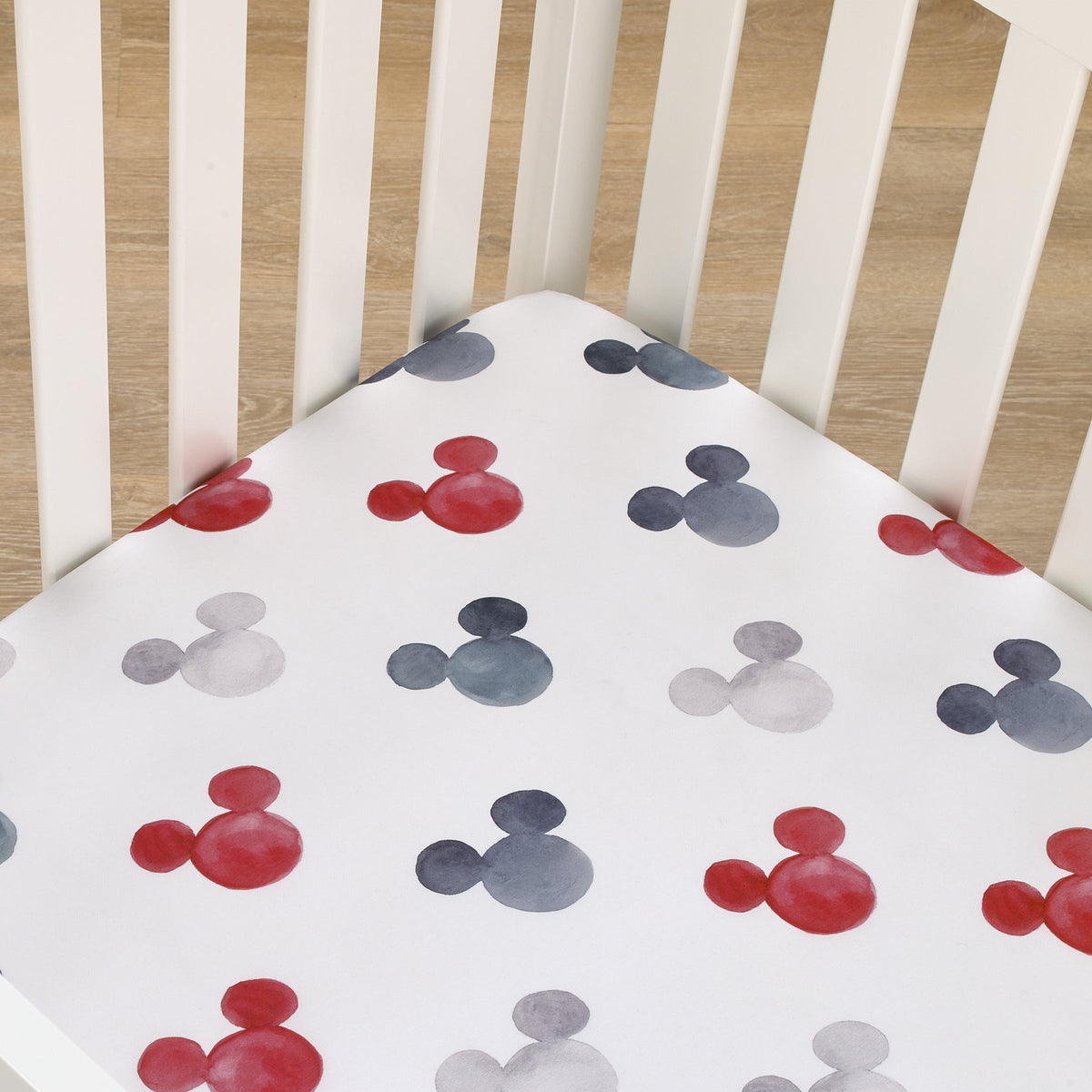 Mickey Mouse - Black, White, Gray and Red Watercolor Mickey Ears Nursery Fitted Crib Sheet