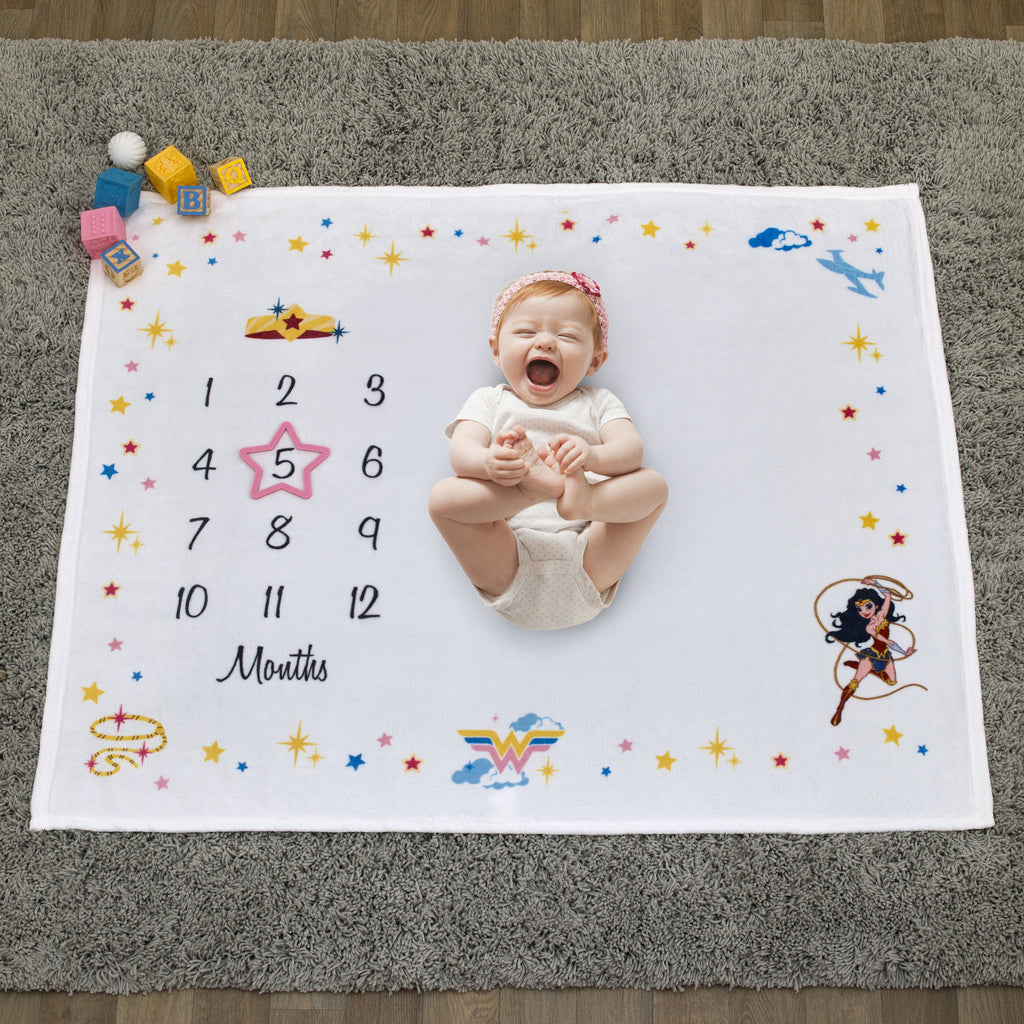 Wonder Woman White and Gold Star-Tiara, Lasso of Truth, and the Invisible Jet Milestone Baby Blanket