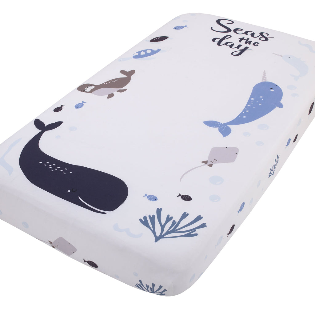Seas The Day Multi Sea Animals Blue and White 100% Cotton Photo Op Fitted Crib Sheet