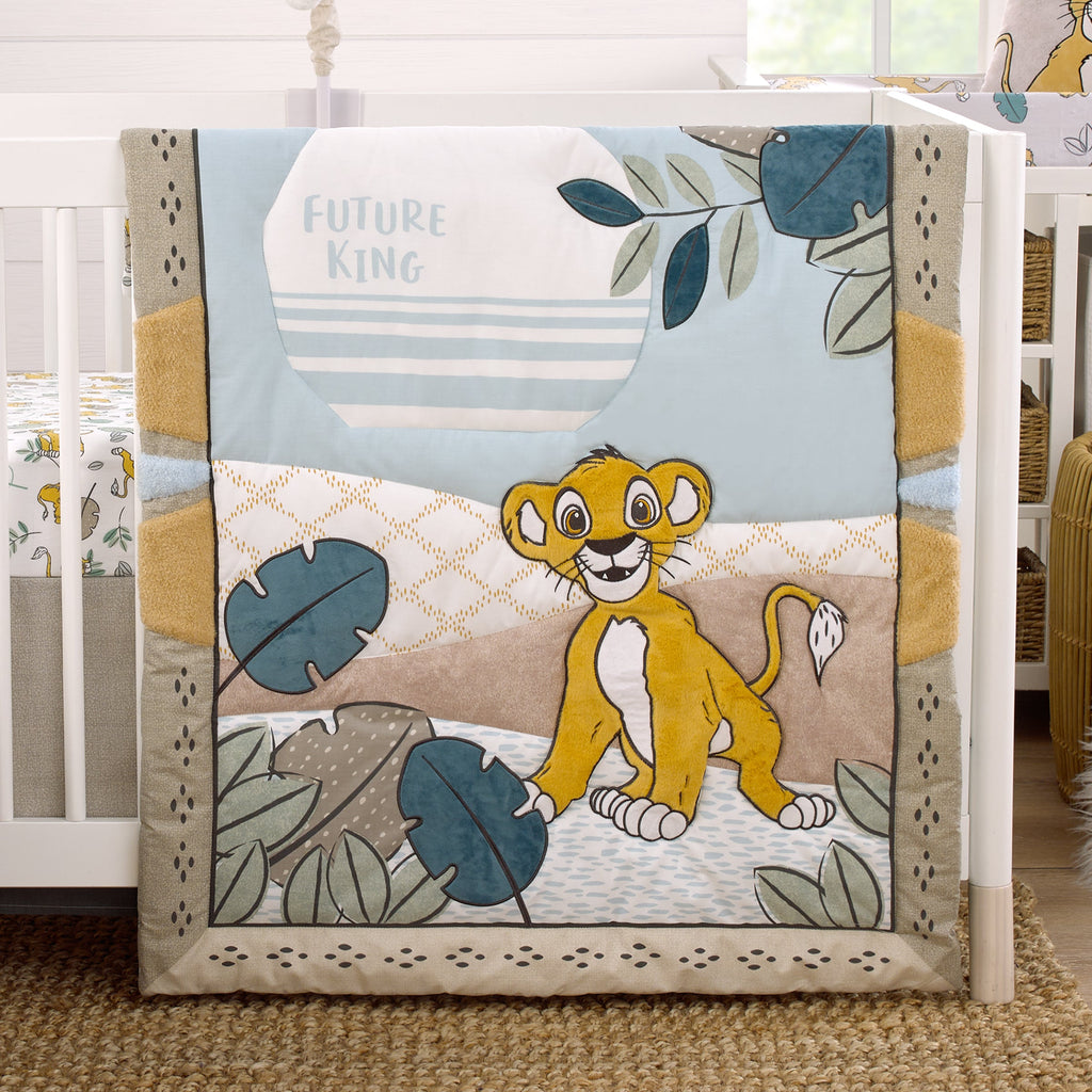 Lion King Blue, Green, Taupe and Gold Simba Future King 3 Piece Nursery Crib Bedding Set - Comforter, Cotton Fitted Crib Sheet, and Crib Skirt
