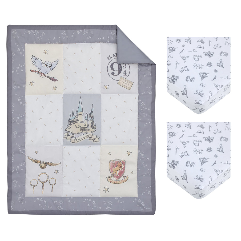 Warner Bros  Harry Potter Magical Moments Grey and White Hogwarts 3 Piece Nursery Mini Crib Bedding Set - Comforter and Two Fitted Mini Crib Sheets