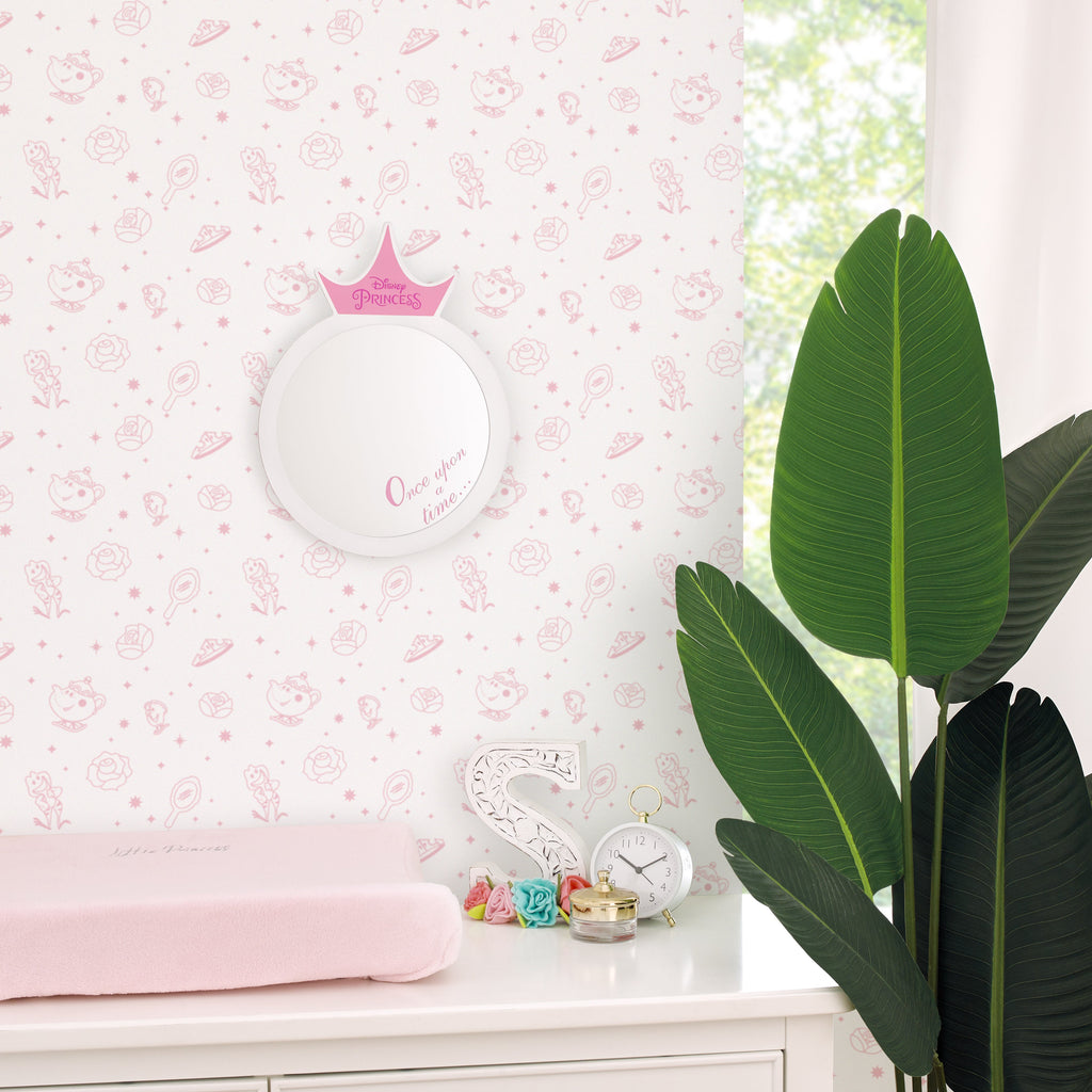 Once Upon a Time Princess White Round Wooden Framed Wall Mirror with Pink Tiara