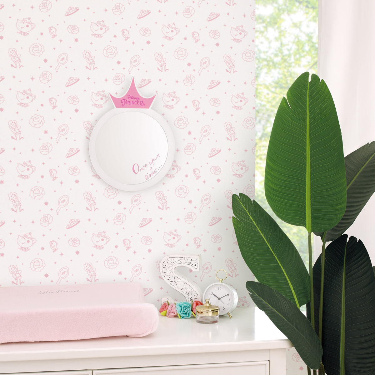 Once Upon a Time Princess White Round Wooden Framed Wall Mirror with Pink Tiara