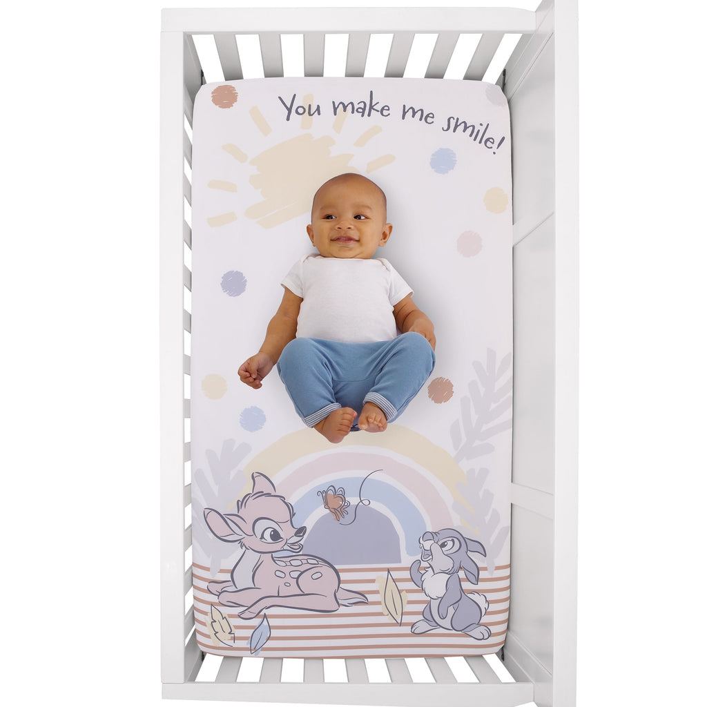 B is for Bambi Tan, Gray, Blue, and White You Make Me Smile Photo Op Fitted Crib Sheet