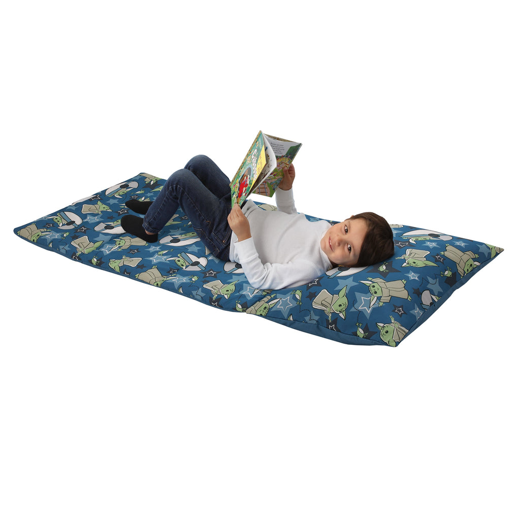 The Child Cutest in the Galaxy Blue, Green and Gray Grogu, Hover Pod, and Stars Deluxe Easy Fold Toddler Nap Mat