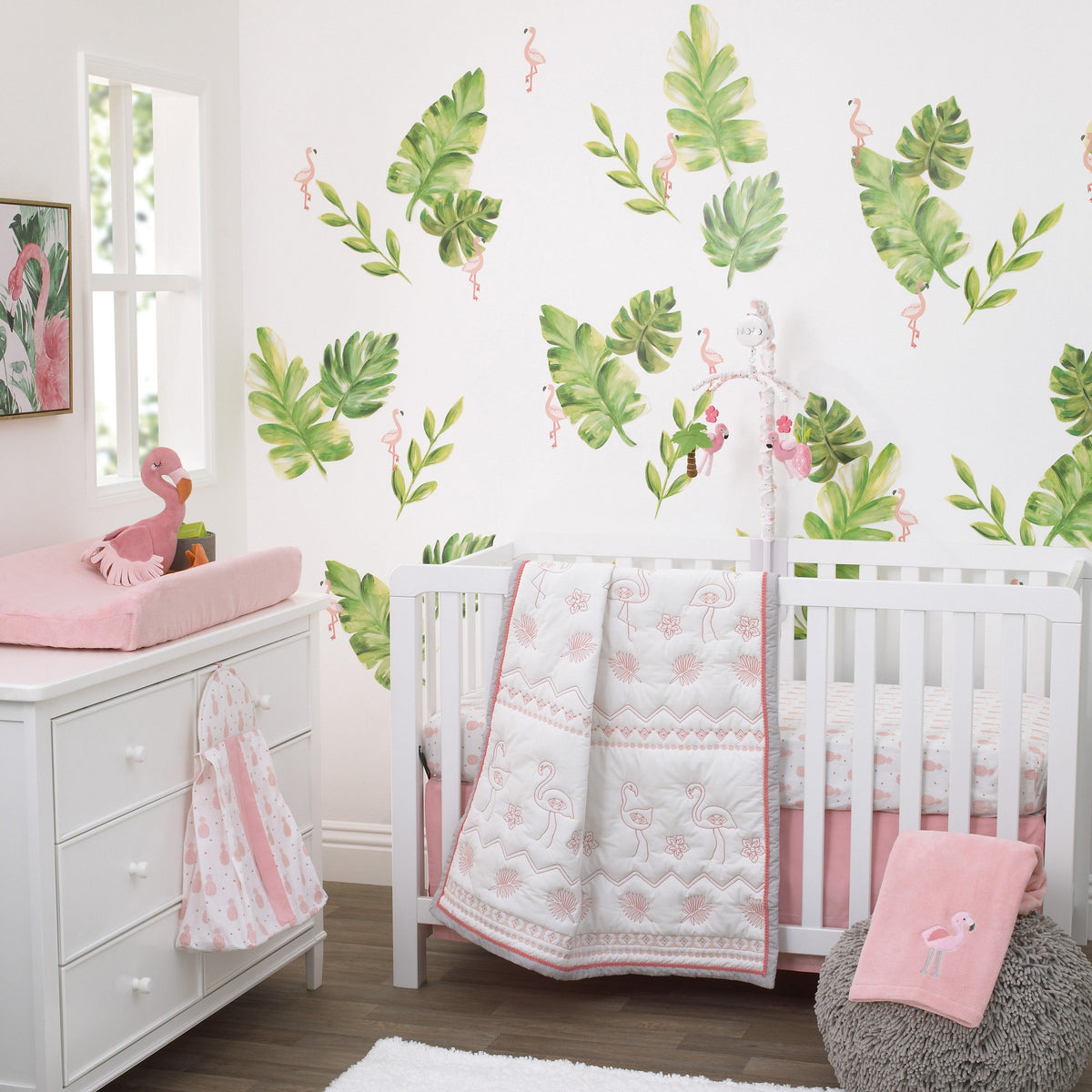 NoJo Tropical Flamingo Nursery Crib Musical Mobile with Plush Pink Flamingos, Flowers, Palm Tree & Pineapple
