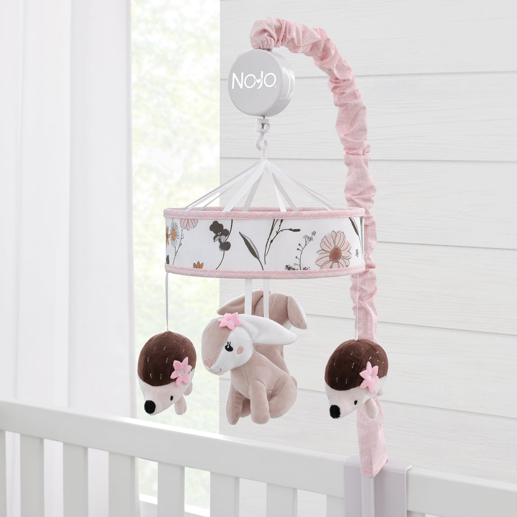 NoJo Keep Blooming Pink Florals with Taupe Bunny and Brown Hedgehog Musical Mobile