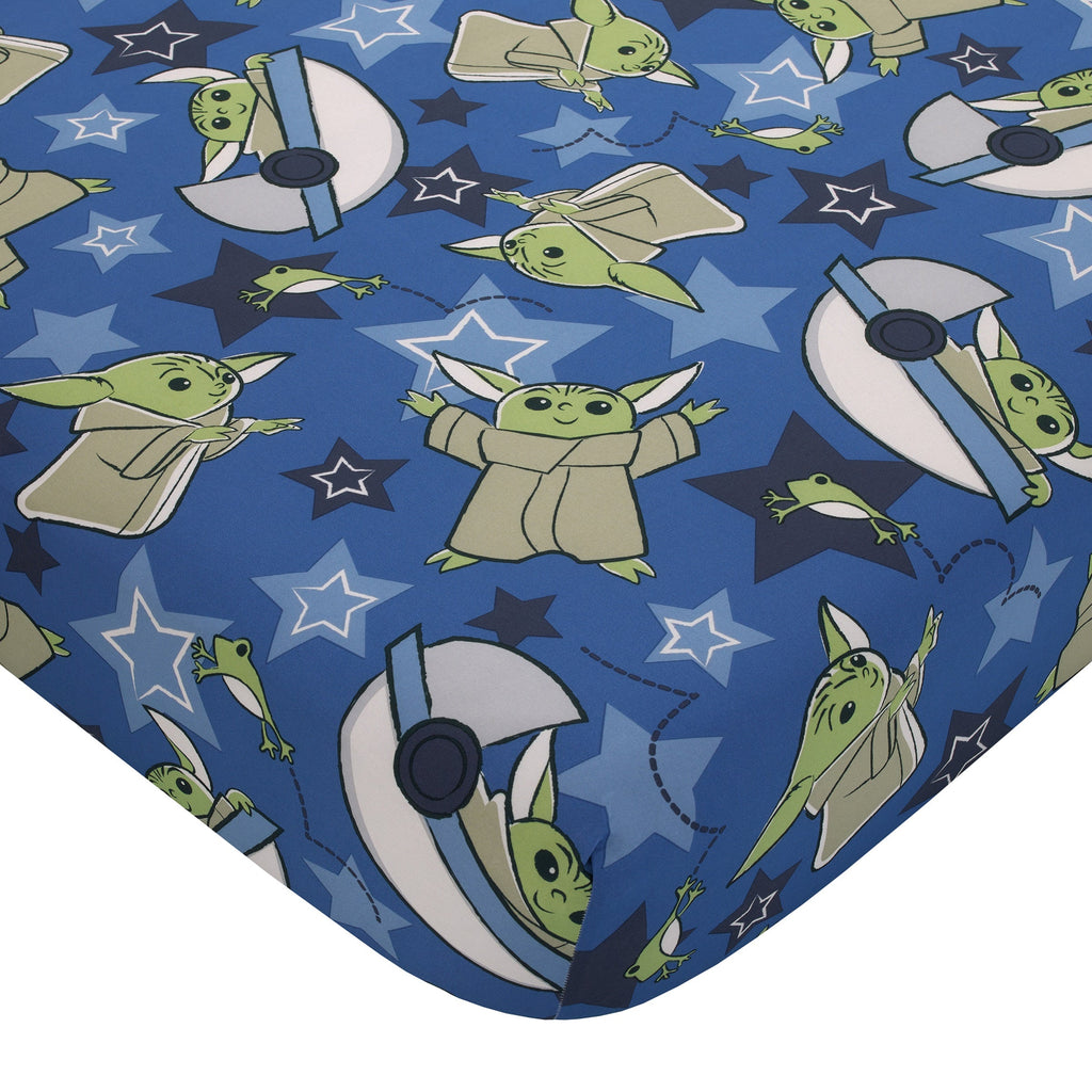 The Child Cutest in the Galaxy Blue, Green, and Gray Grogu and Hover Pod 2 Piece Toddler Sheet Set - Fitted Bottom Sheet and Reversible Pillowcase