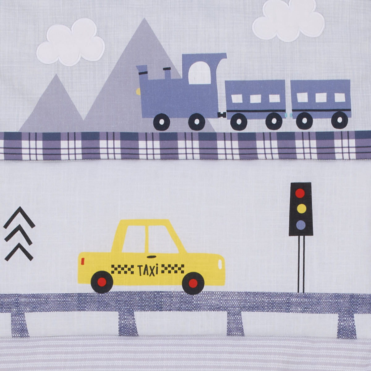 Transportation Trails Navy, Red, and Yellow Busy Cars, Trucks, Fire Engines 4 Piece Nursery Crib Bedding Set - Comforter, 100% Cotton Fitted Crib Sheet, Crib Skirt, and Nursery Organizer