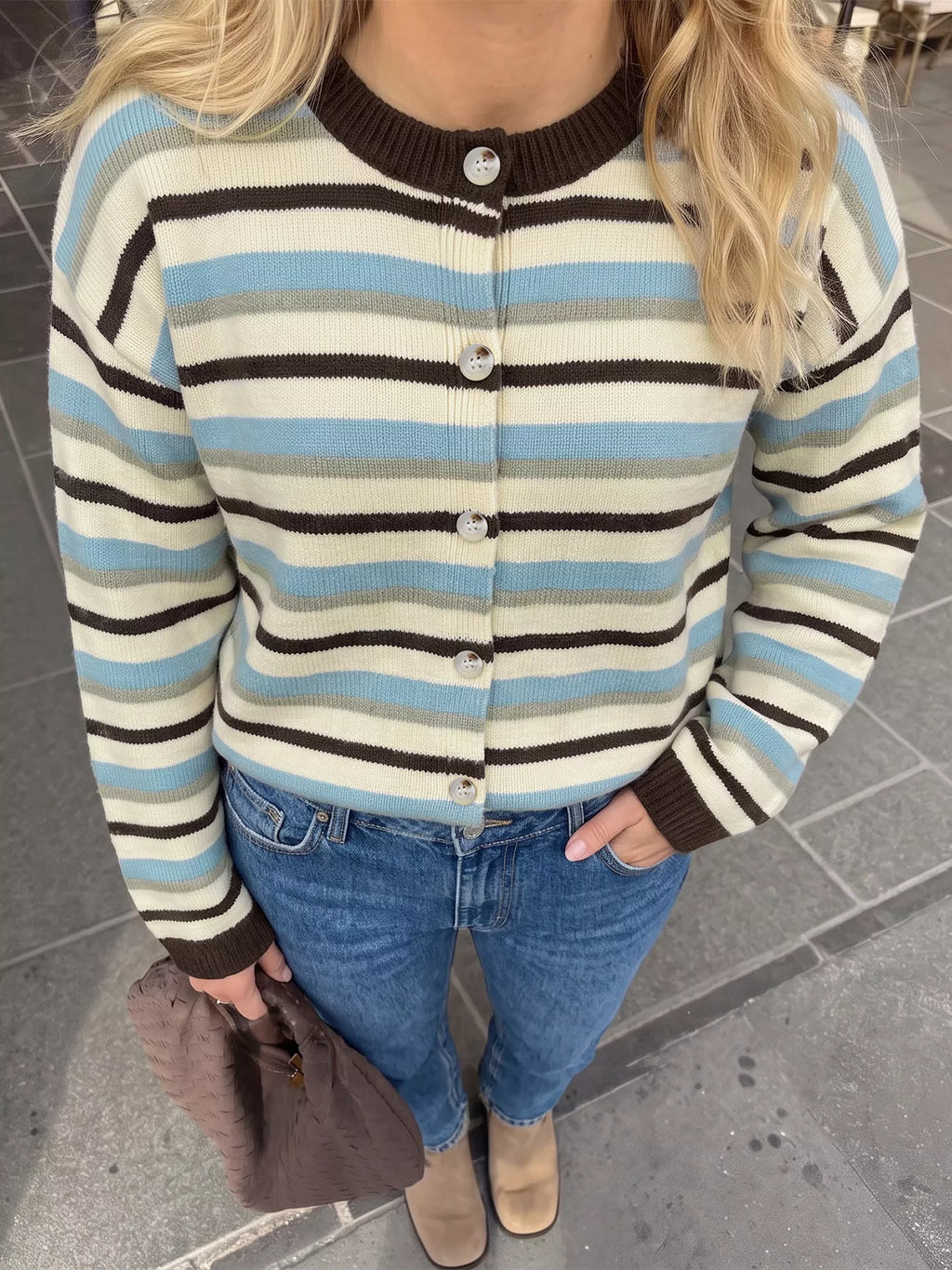 Striped Crew Neck Button-Down Cardigan