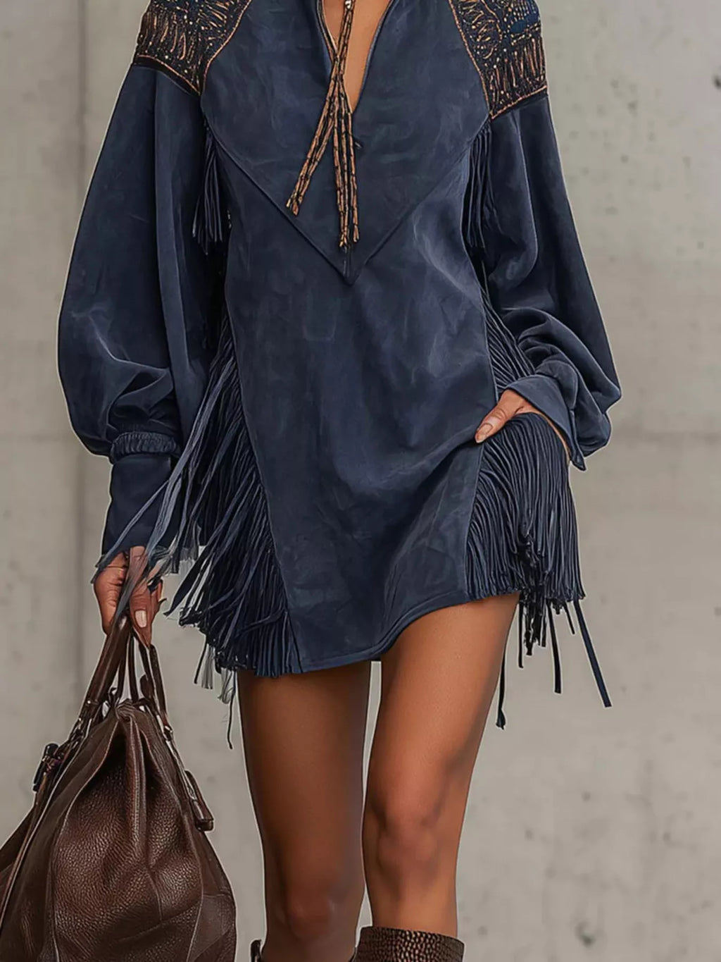 Fringed Lantern Sleeve Mini Dress