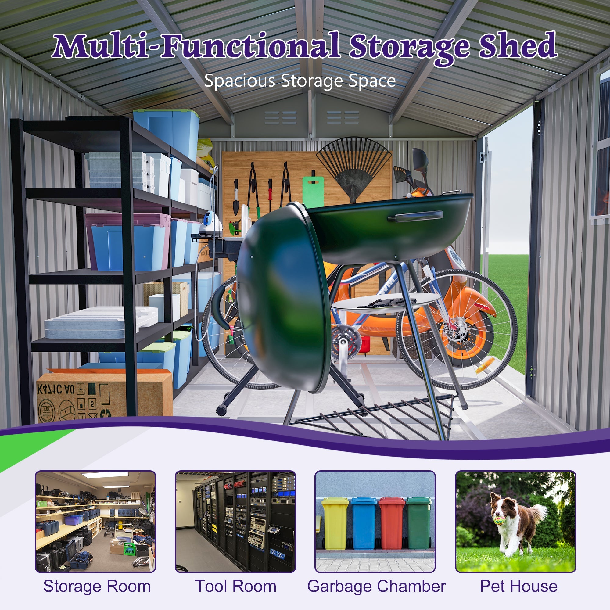 10X8FT Outdoor Steel Storage Shed with Clear Window, Lockable Doors
