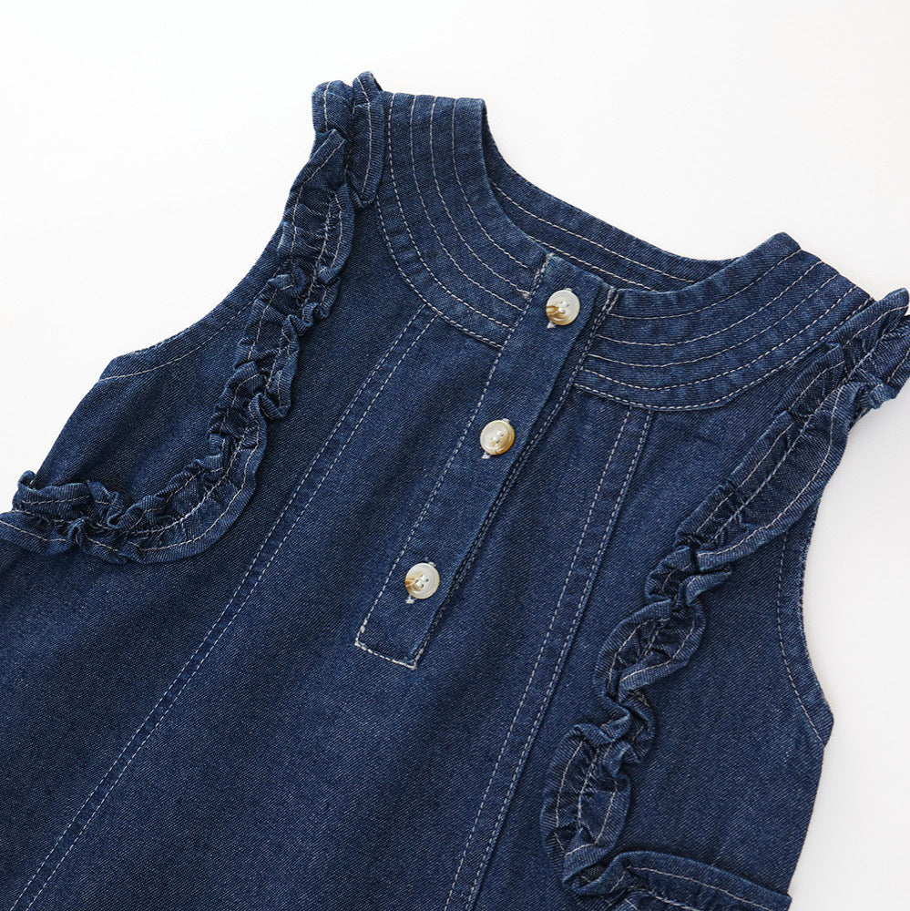 Korean-style Frilly Sleeveless Denim Dress For Girls