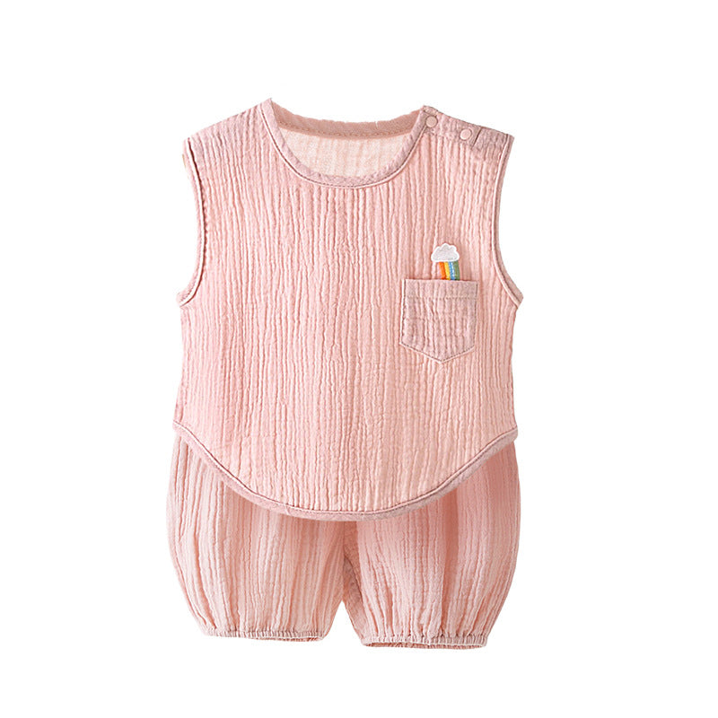 Summer Pure Cotton Yarn T-Shirt And Thin Childrens Shorts Two-Piece Set