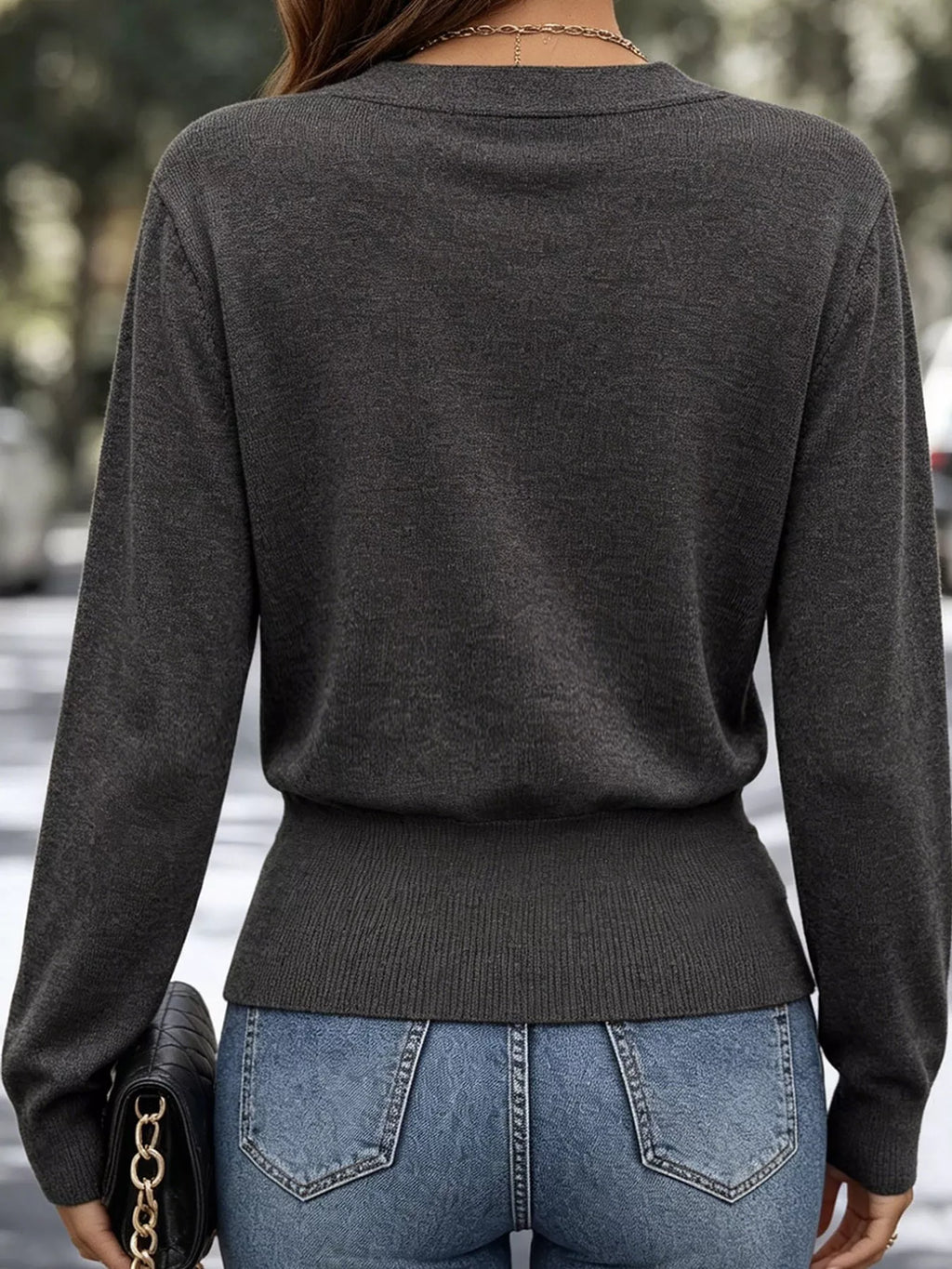 Surplice Elastic Waist Long Sleeve Knit Top