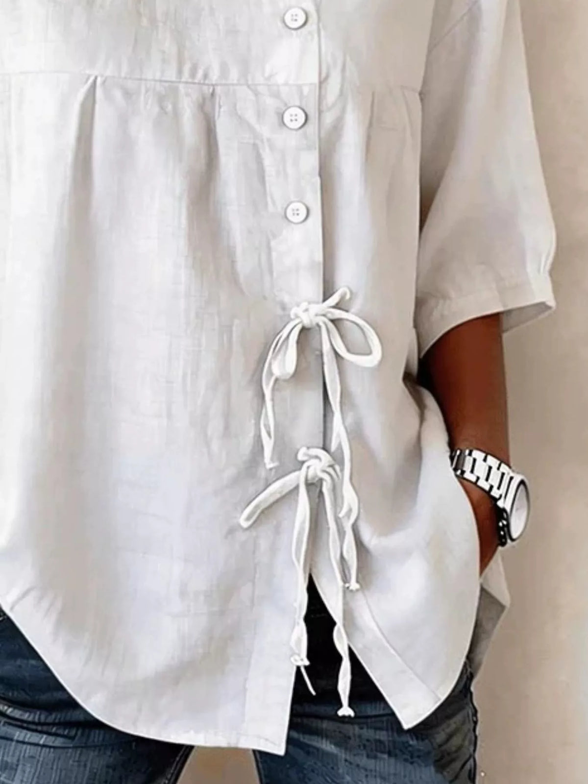 Full Size Decorative Button Tie-Front Blouse Plus Size