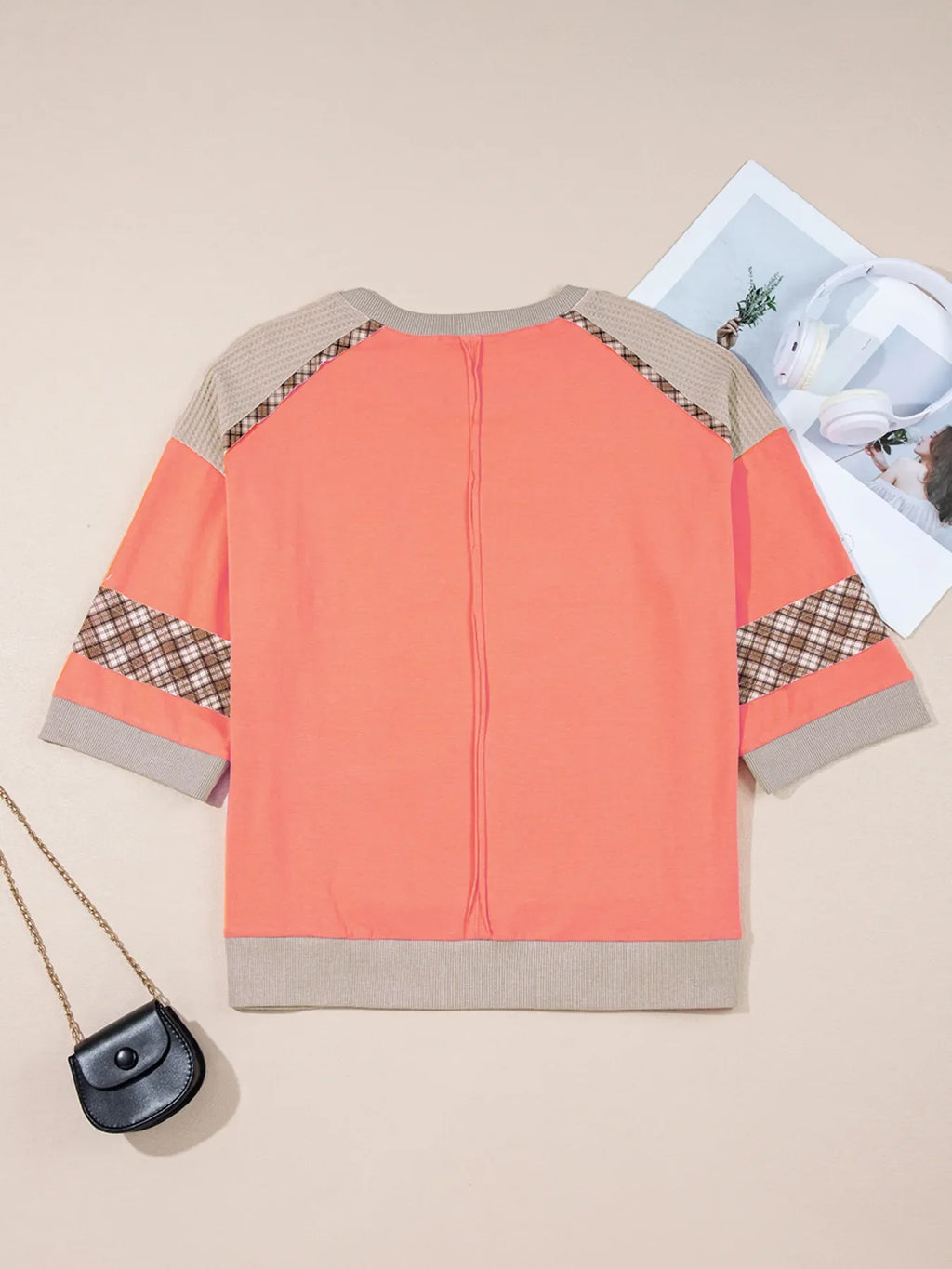 Plaid Patchwork Waffle Knit Short Sleeve Top