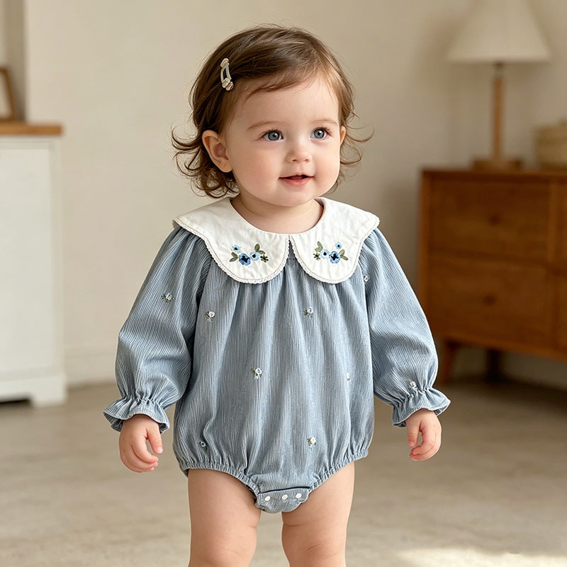 Western-style Embroidered-collar Long-sleeve Romper For Baby Girls