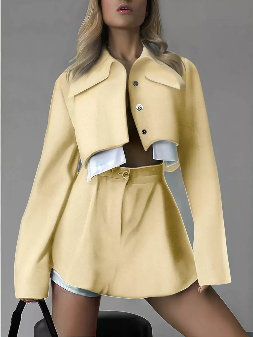 Button Up Cropped Jacket and Mini Skirt Set
