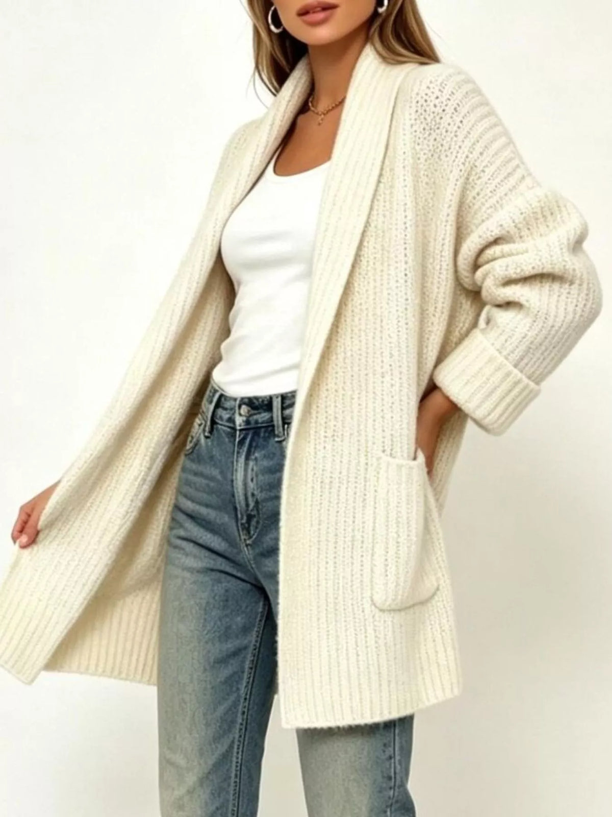 Full Size Open-Front Cardigan with Pockets Plus Size