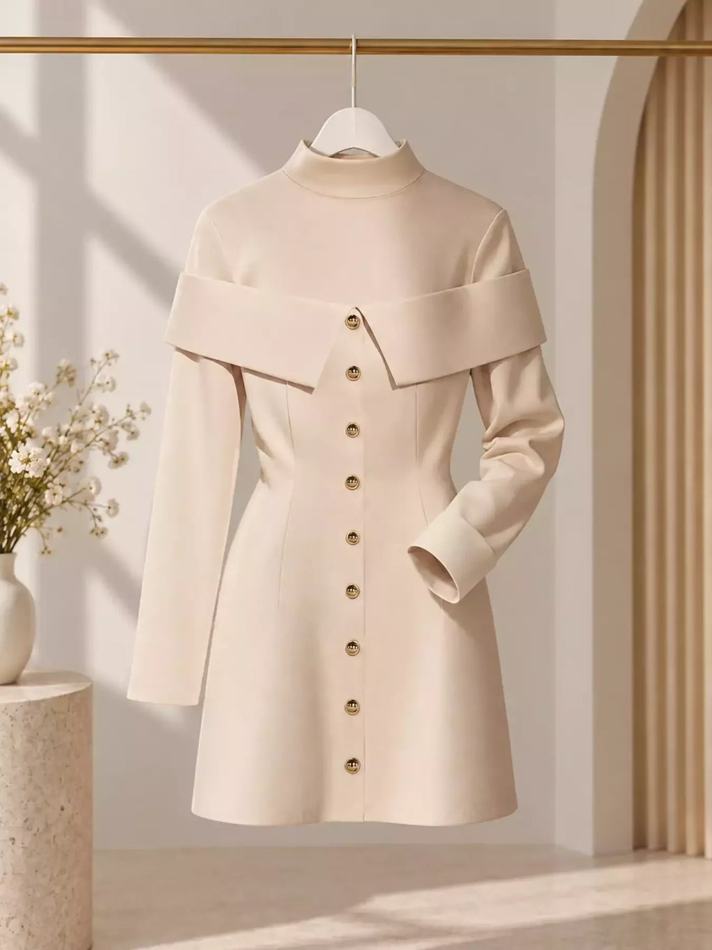 Mock Neck Button Front Mini Dress