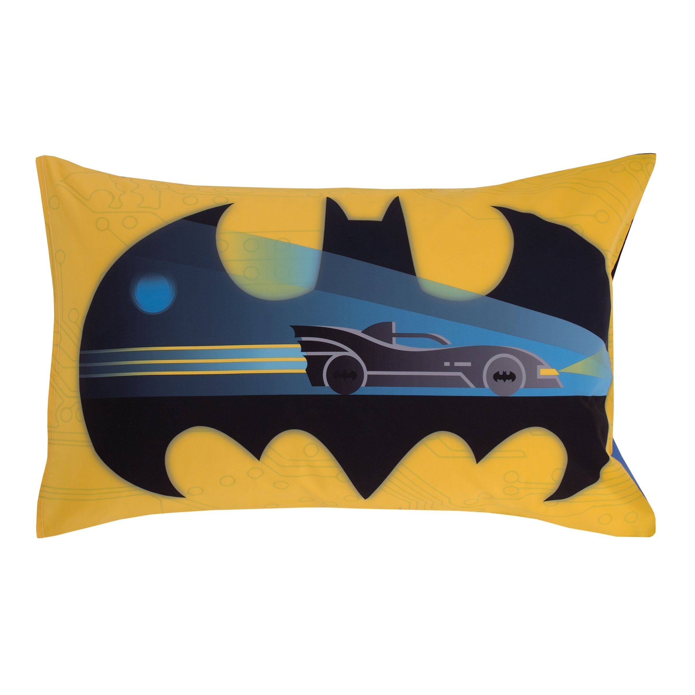 Warner Bros  Batman The Caped Crusader Blue, Gray, and Yellow Bat-Signal and Batmobile 2 Piece Toddler Sheet Set - Fitted Bottom Sheet and Reversible Pillowcase