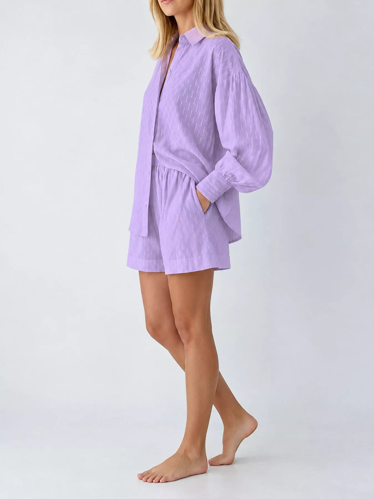 Textured Button-Down Shirt and Shorts Set