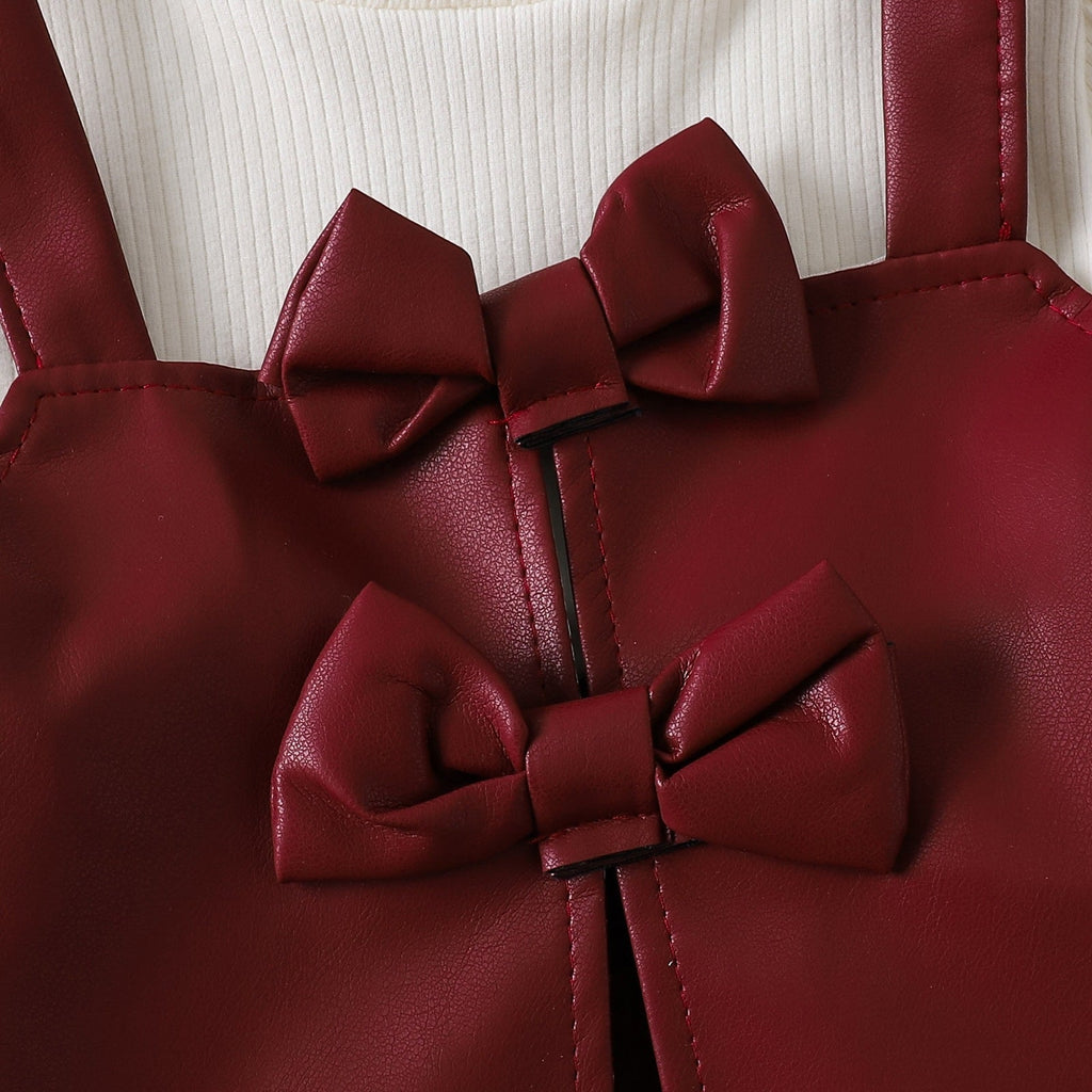 PU Leather Princess-style Long-sleeve Bow Tie Faux Two-piece Set