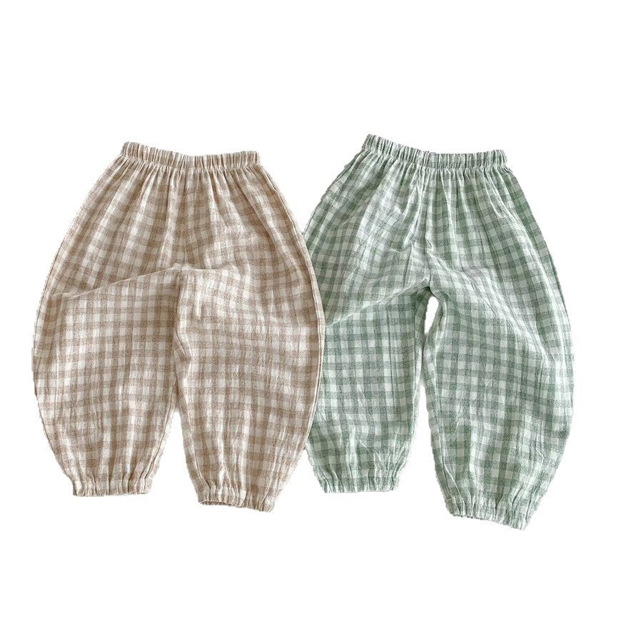 Ins Summer Children's Plaid Trousers Thin Linen Style
