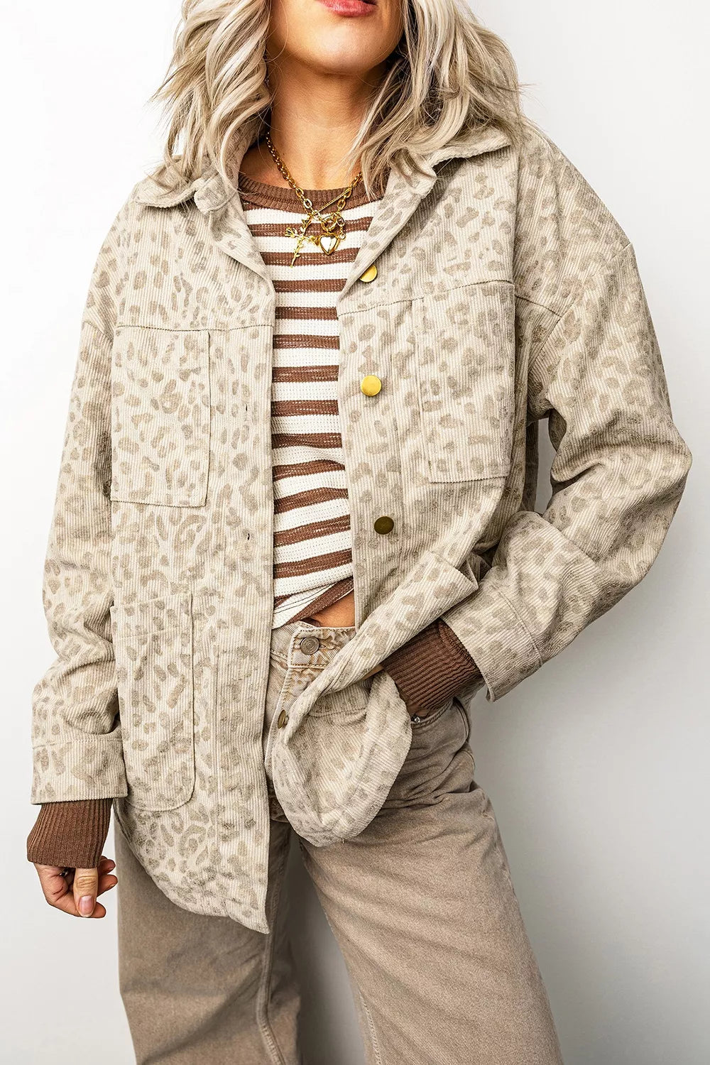 Leopard Print Corduroy Shirt Collar Long Sleeve Regular Fit Jacket