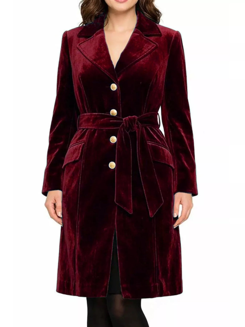 Single-Breasted Velvet Trench Coat with Gold Buttons