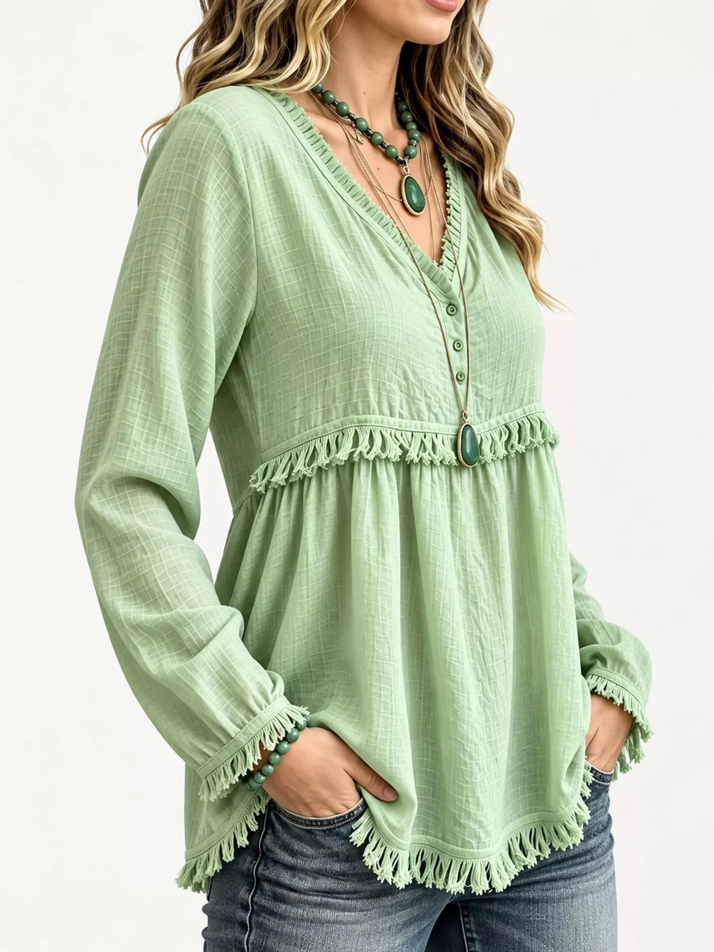 Full Size Fringed Trim V-Neck Long Sleeve Blouse Plus Size
