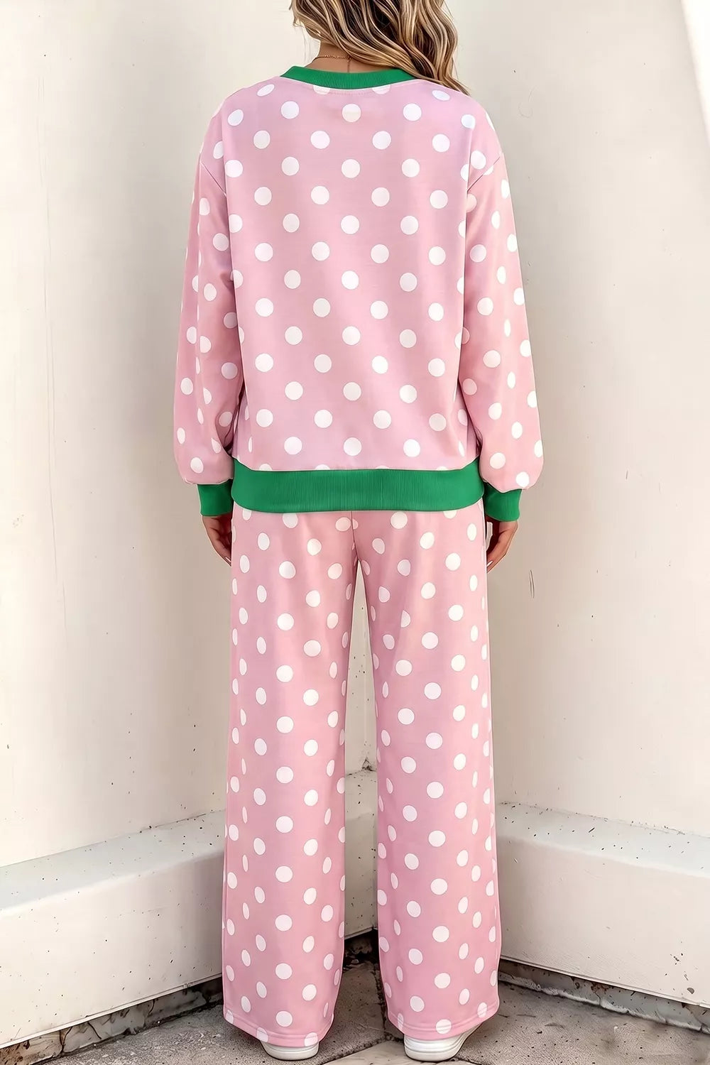 Polka Dot Long Sleeve Top and Wide Leg Pants Set