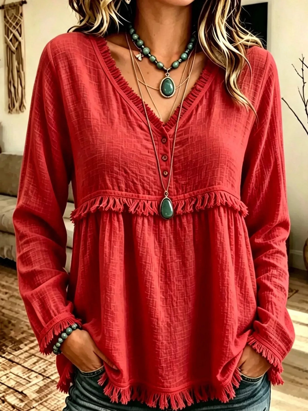 Full Size Fringed Trim V-Neck Long Sleeve Blouse Plus Size