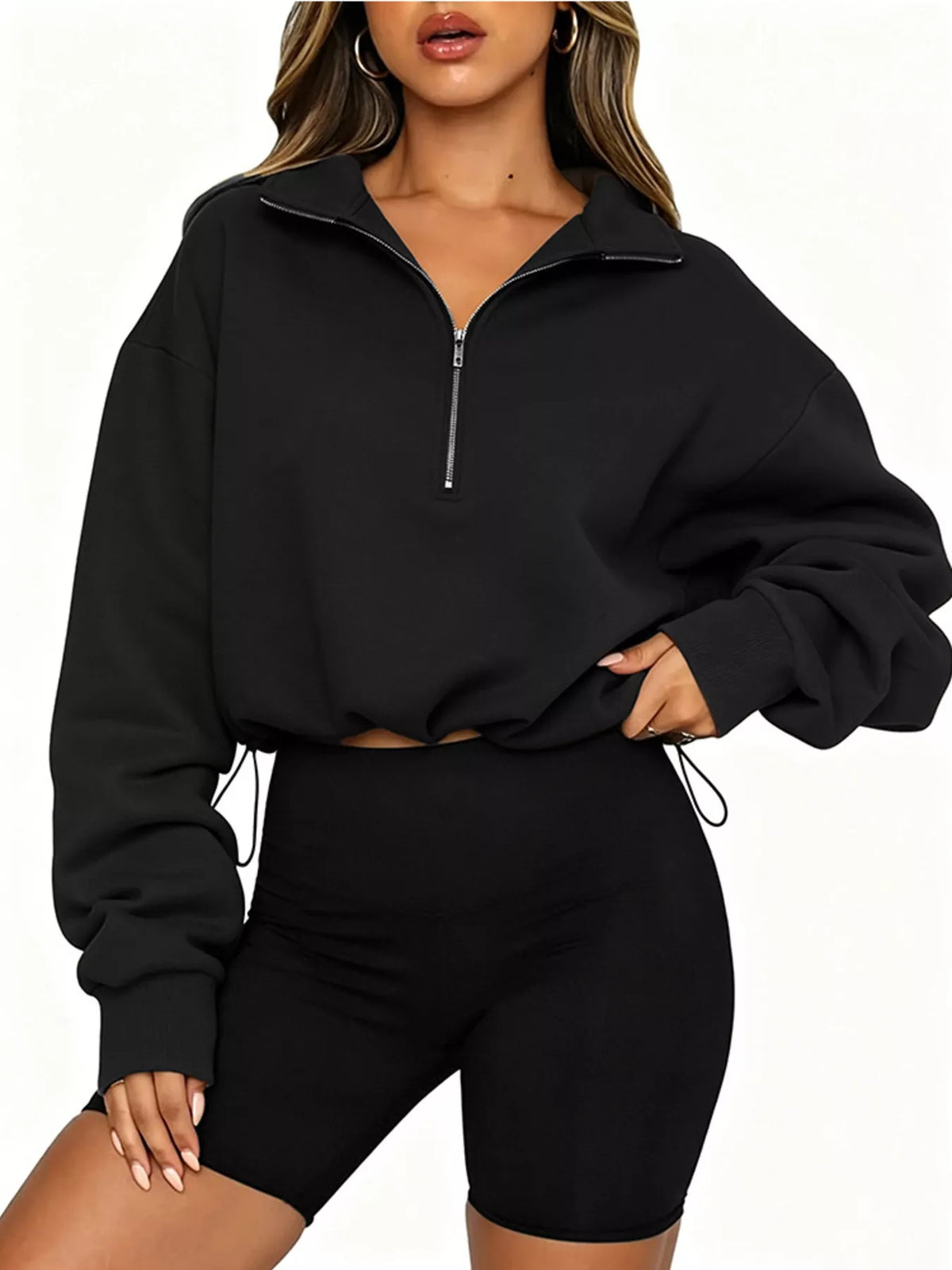 Half Zip Drawstring Hem Sweatshirt