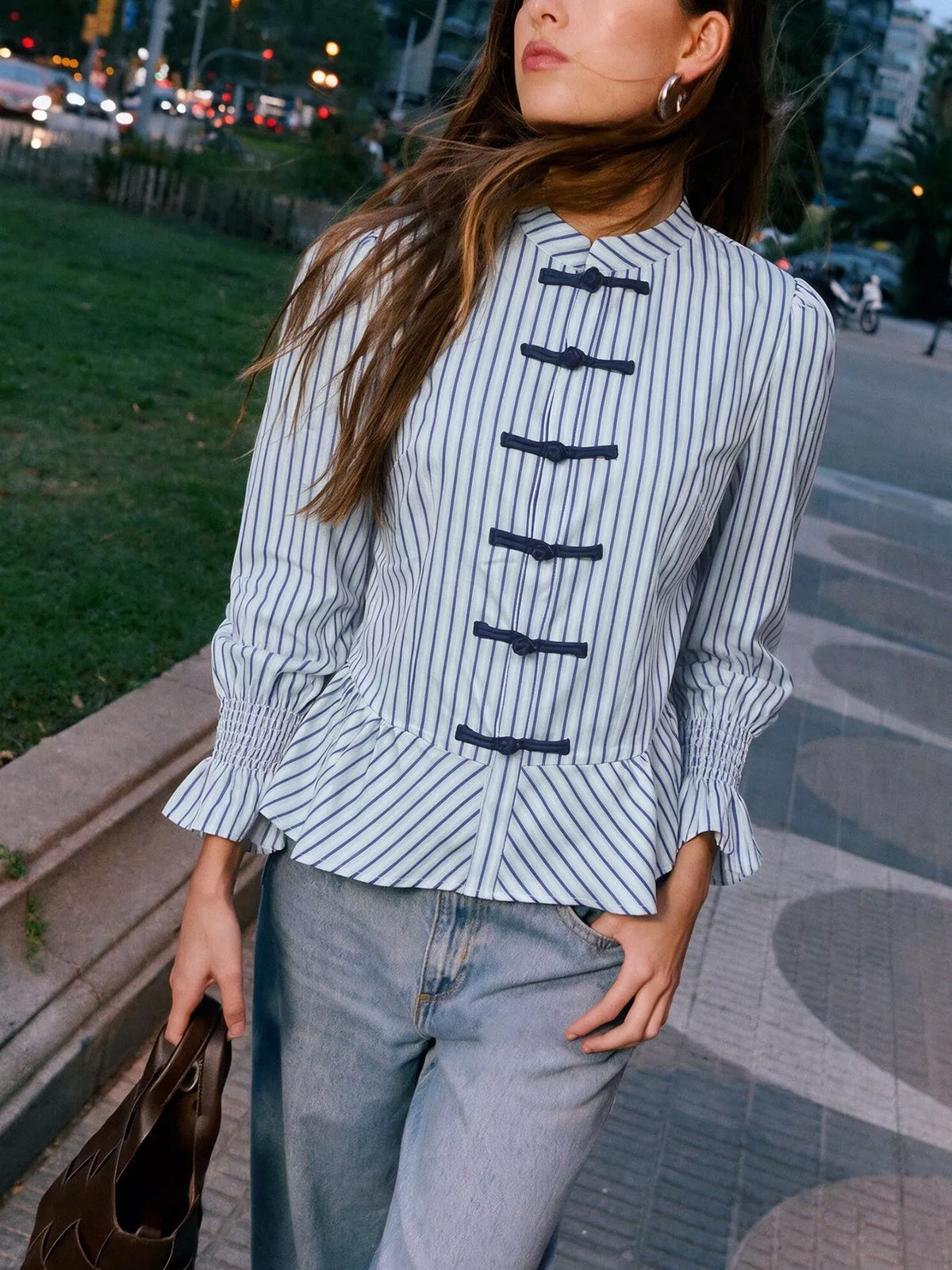 Striped Mandarin Knot Buttons Peplum Hem Shirt