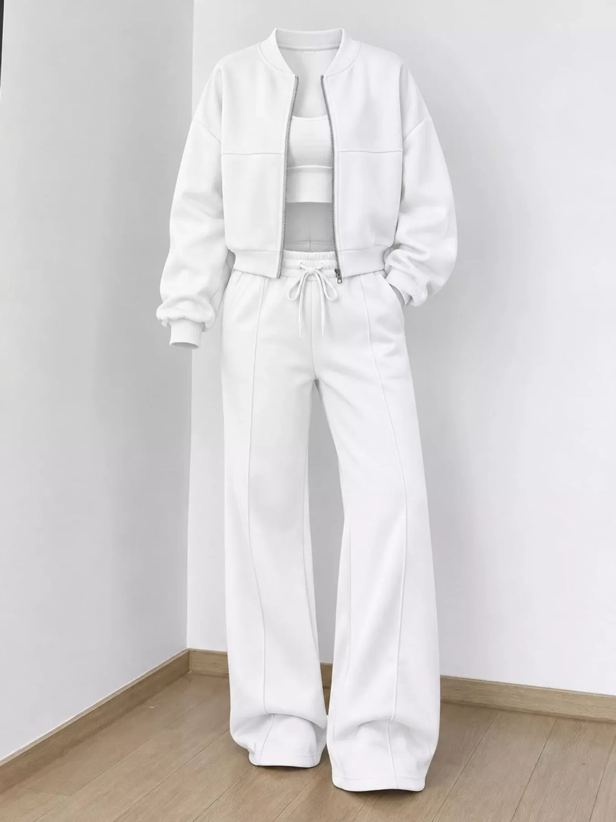 Casual Zip-Up Jacket and Wide-Leg Sweatpants Set