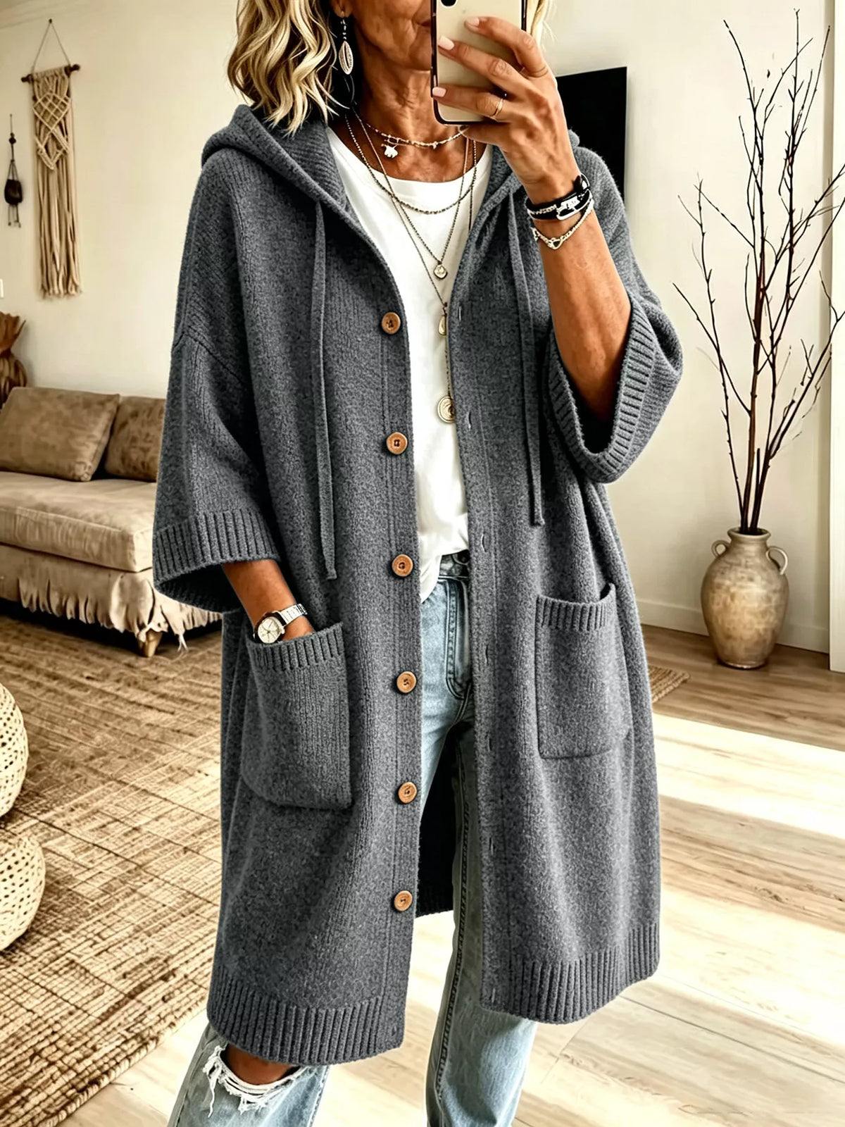Hooded Button-Down Knit Cardigan with Pockets