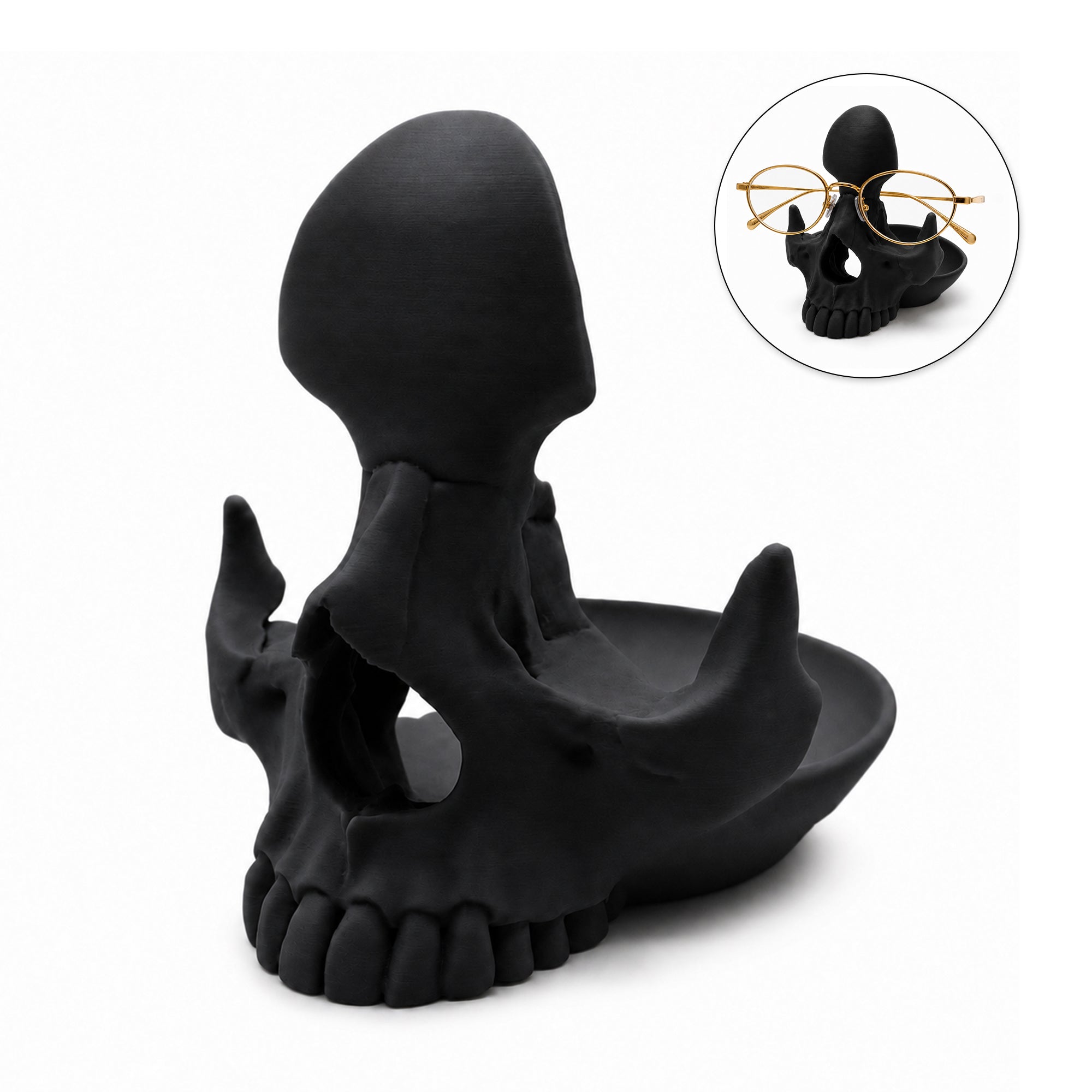 3D Printed Skull Eyeglasses Holder With Catchall Tray, Gothic Glasses Stand Desk Organizer For Sunglasses, Jewelry And Small Items