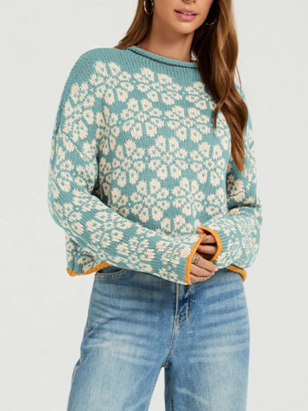 Floral Contrast Trim Dropped Shoulder Sweater