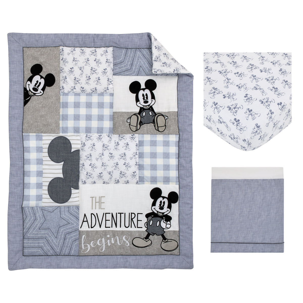 Mickey Mouse - Call Me Mickey Blue, White, and Gray The Adventure Begins Stars and Gingham 3 Piece Nursery Crib Bedding Set - Comforter, 100% Cotton Fitted Crib Sheet, and Crib Skirt