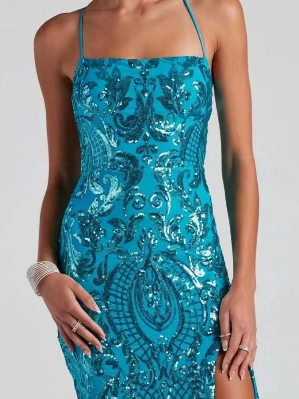 Sequin Embellished Bodycon Backless Evening Dress with Back Lace-Up