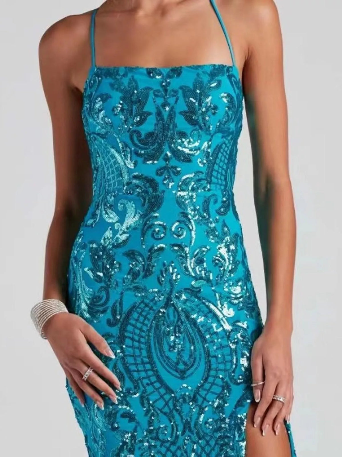 Sequin Embellished Bodycon Backless Evening Dress with Back Lace-Up
