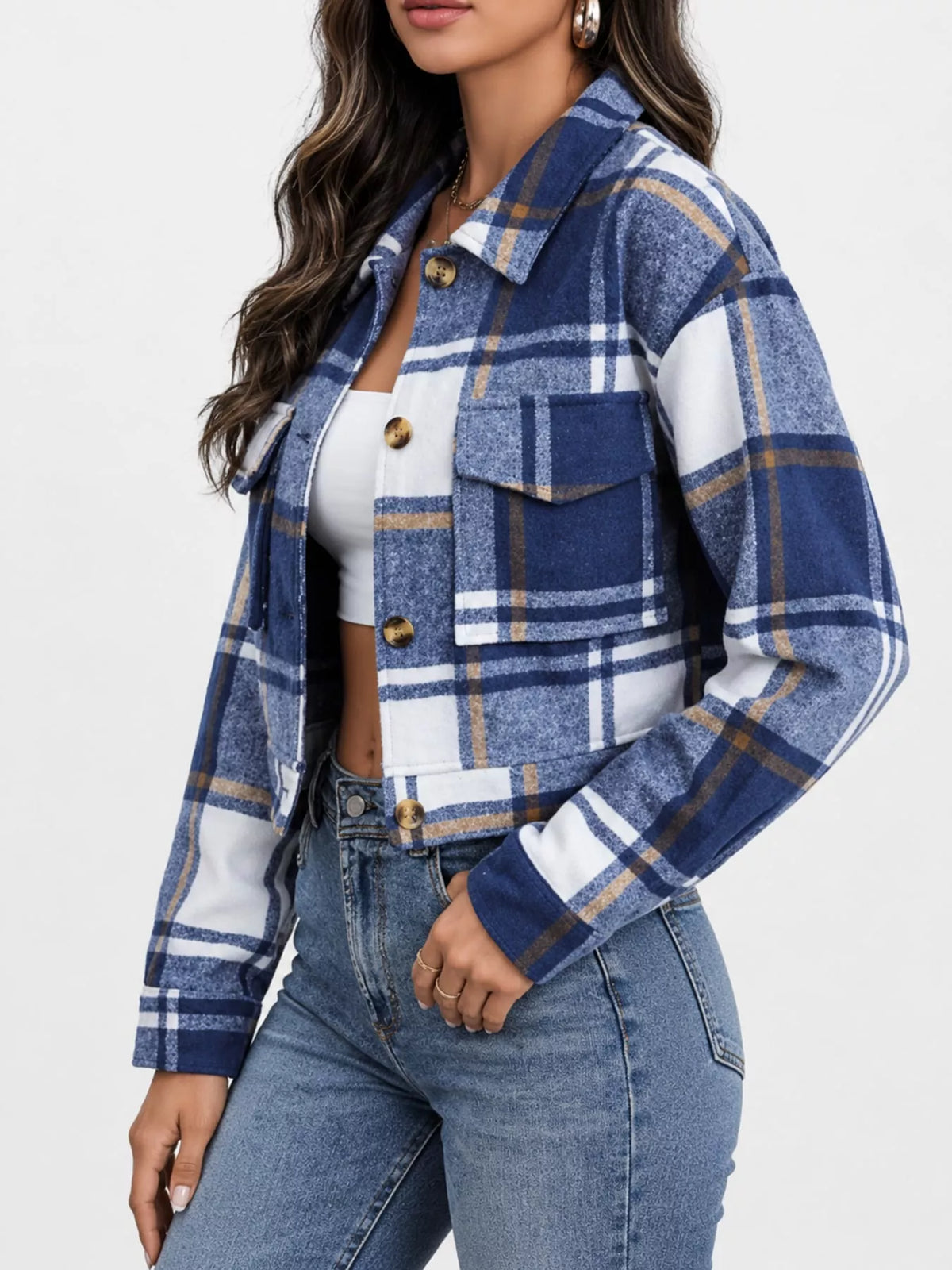 Plaid Button-Front Cropped Jacket