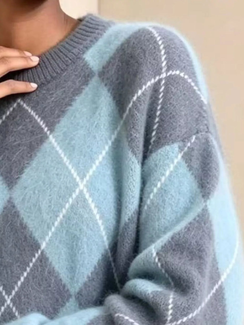 Argyle Pattern Fuzzy Knit Sweater