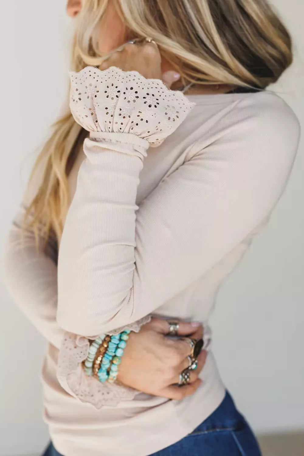 Lace Cuff Patchwork Round Neck Long Sleeve Top